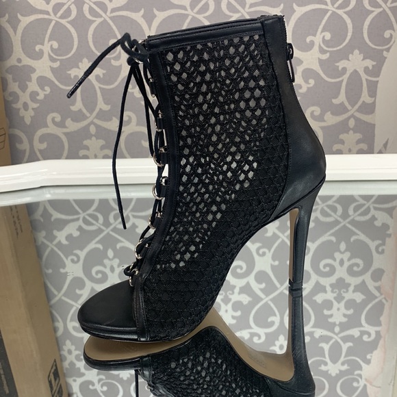 Women’s Fishnet Lace Up Stiletto Ankle Boots in Black Faux Leather and Zipper - Picture 8 of 10